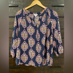 Crown & Ivy Navy 2X Blouse with Pink and Orange Pattern